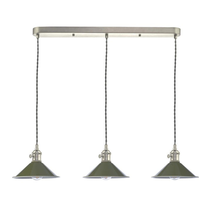 Dar HAD3661-07 Hadano 3 Light Bar Pendant Antique Chrome and Gloss Green Metal Shade 18cm