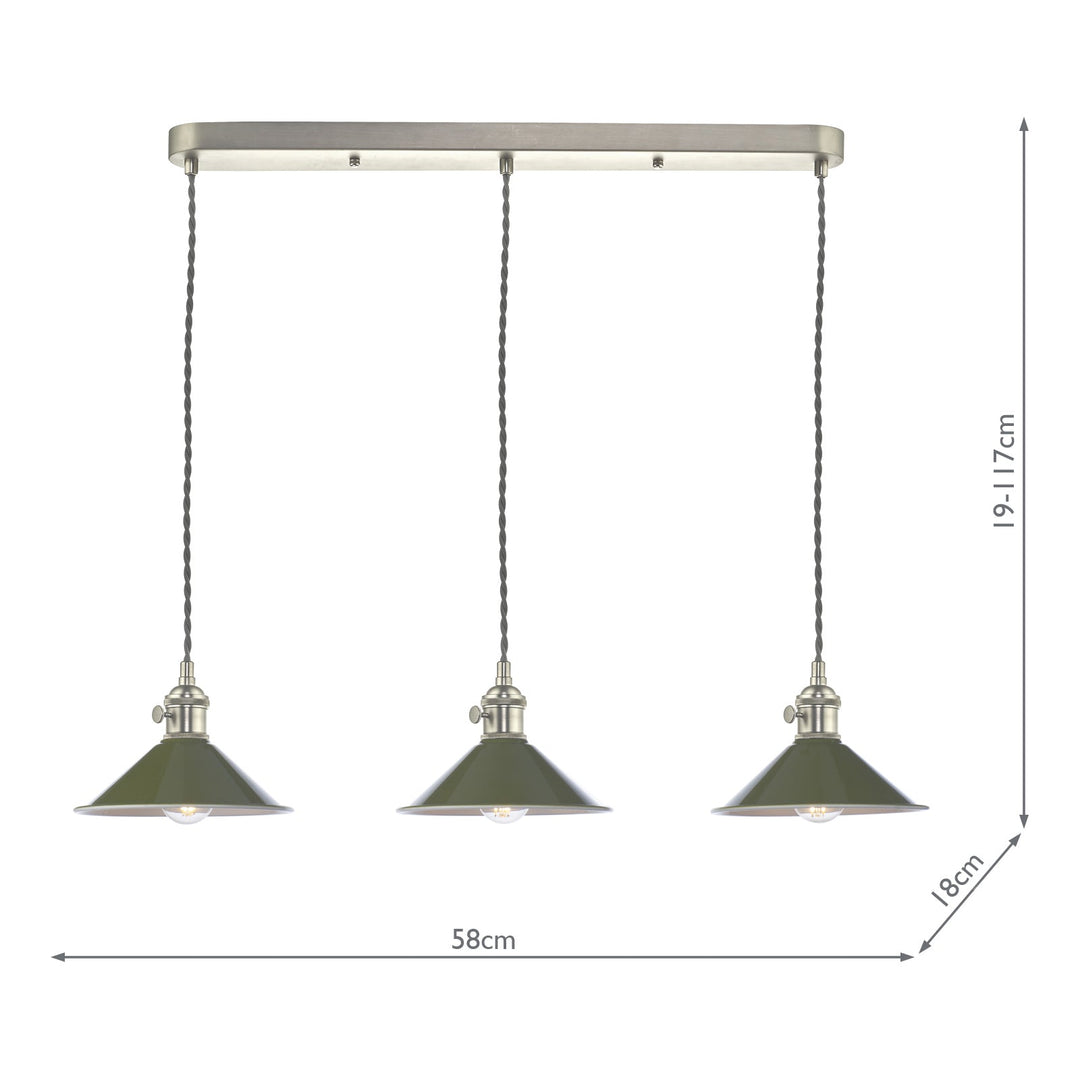 Dar HAD3661-07 Hadano 3 Light Bar Pendant Antique Chrome and Gloss Green Metal Shade 18cm