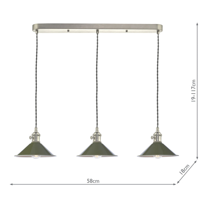 Dar HAD3661-07 Hadano 3 Light Bar Pendant Antique Chrome and Gloss Green Metal Shade 18cm