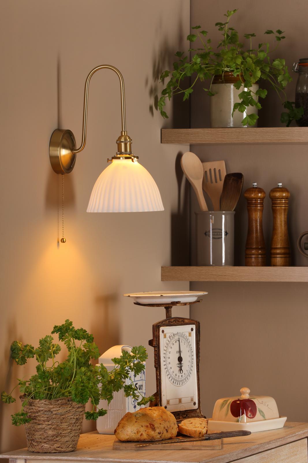 Dar HAD7140-09 Hadano Tall Wall Light Natural Brass and White Domed Ceramic Shade