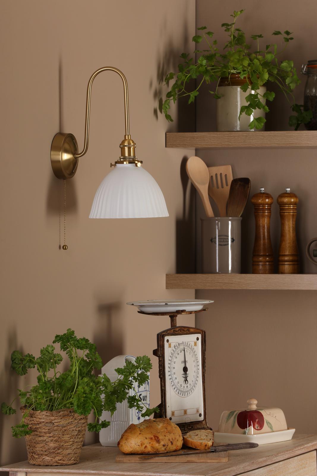 Dar HAD7140-09 Hadano Tall Wall Light Natural Brass and White Domed Ceramic Shade