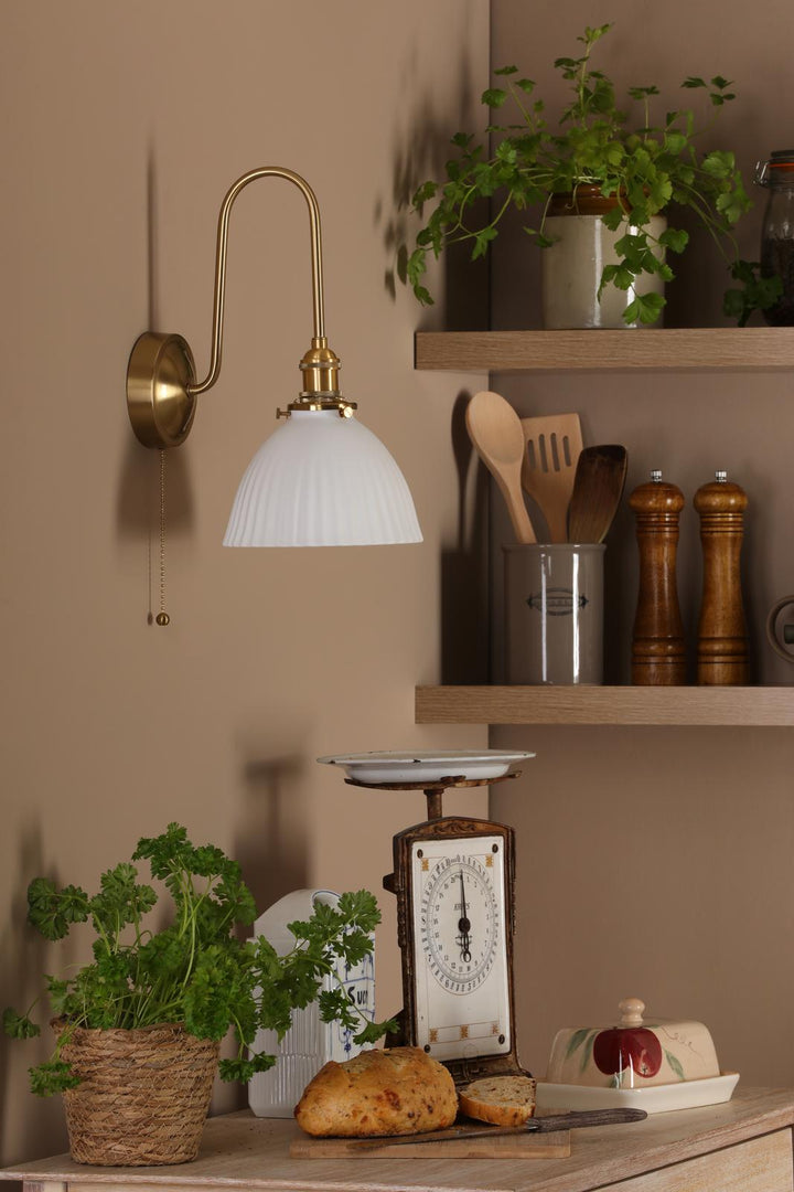 Dar HAD7140-09 Hadano Tall Wall Light Natural Brass and White Domed Ceramic Shade