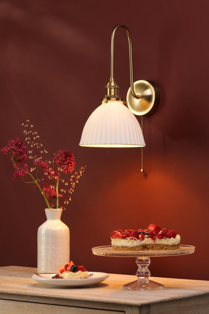 Dar HAD7140-09 Hadano Tall Wall Light Natural Brass and White Domed Ceramic Shade