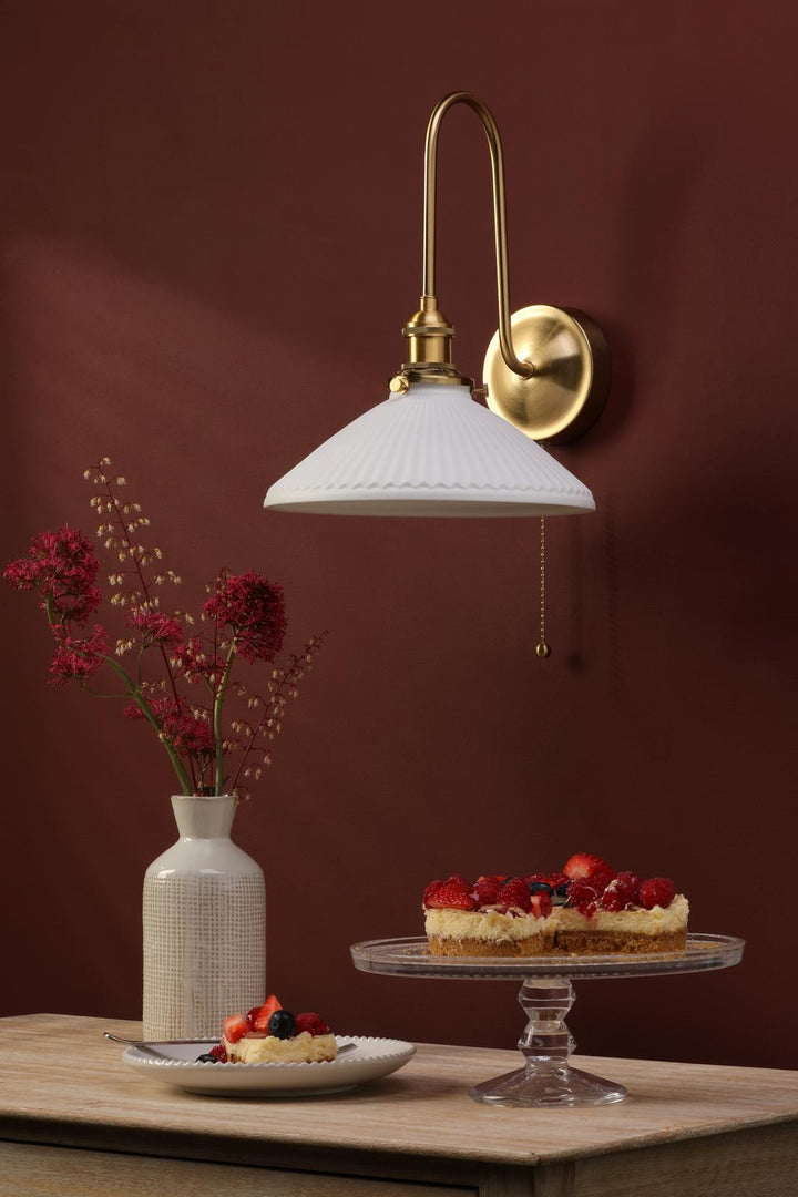 Dar HAD7140-10 Hadano Tall Wall Light Natural Brass and White Shallow Ceramic Shade