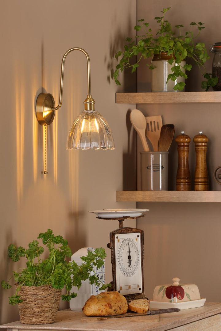 Dar HAD7140-11 Hadano Tall Wall Light Natural Brass and Scalloped Bell Glass Shade
