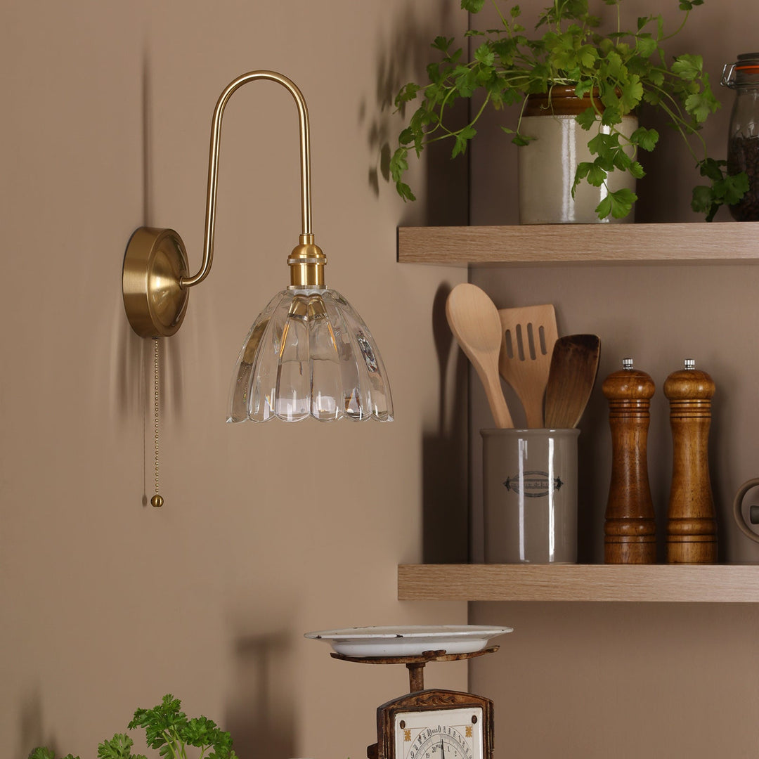 Dar HAD7140-11 Hadano Tall Wall Light Natural Brass and Scalloped Bell Glass Shade
