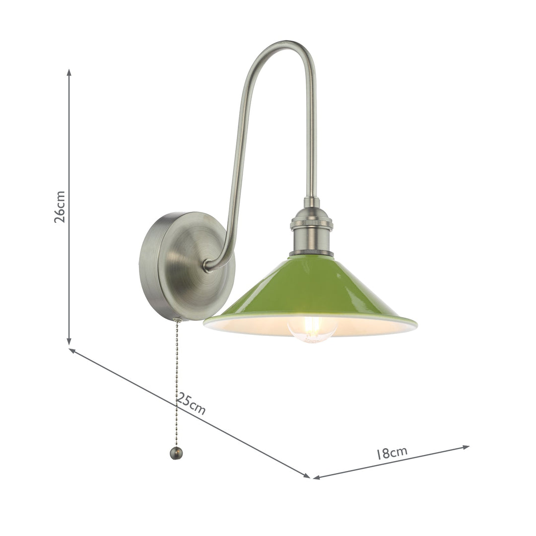 Dar HAD7161-07 Hadano Tall Wall Light Antique Chrome and Gloss Green Metal Shade 18cm