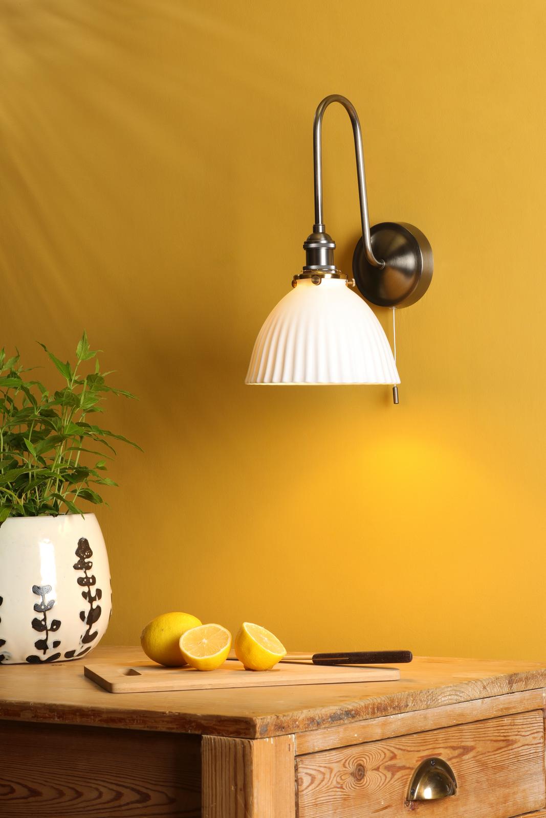 Dar HAD7161-09 Hadano Tall Wall Light Antique Chrome and White Domed Ceramic Shade