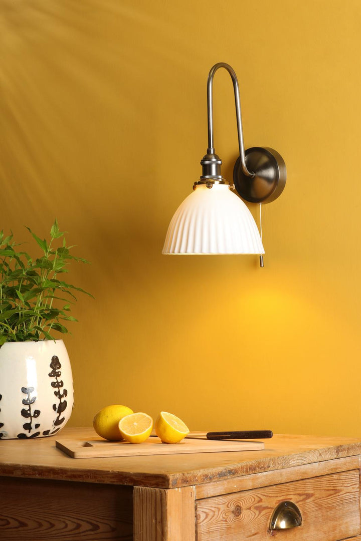 Dar HAD7161-09 Hadano Tall Wall Light Antique Chrome and White Domed Ceramic Shade