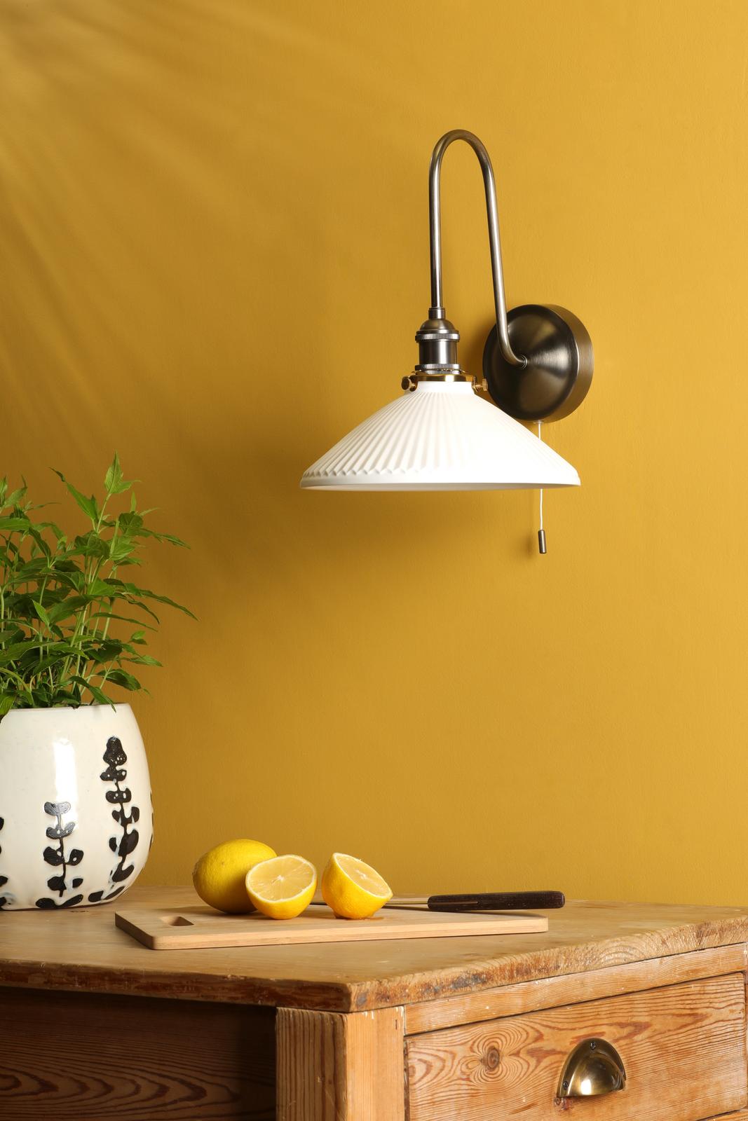 Dar HAD7161-10 Hadano Tall Wall Light Antique Chrome and White Shallow Ceramic Shade