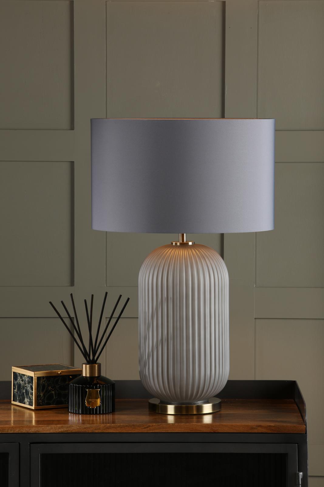 Dar HEL4239 Helicon Table Lamp Grey Ribbed Glass and Antique Brass With Shade