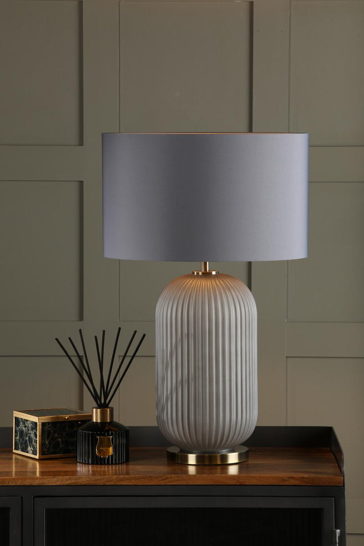Dar HEL4239 Helicon Table Lamp Grey Ribbed Glass and Antique Brass With Shade