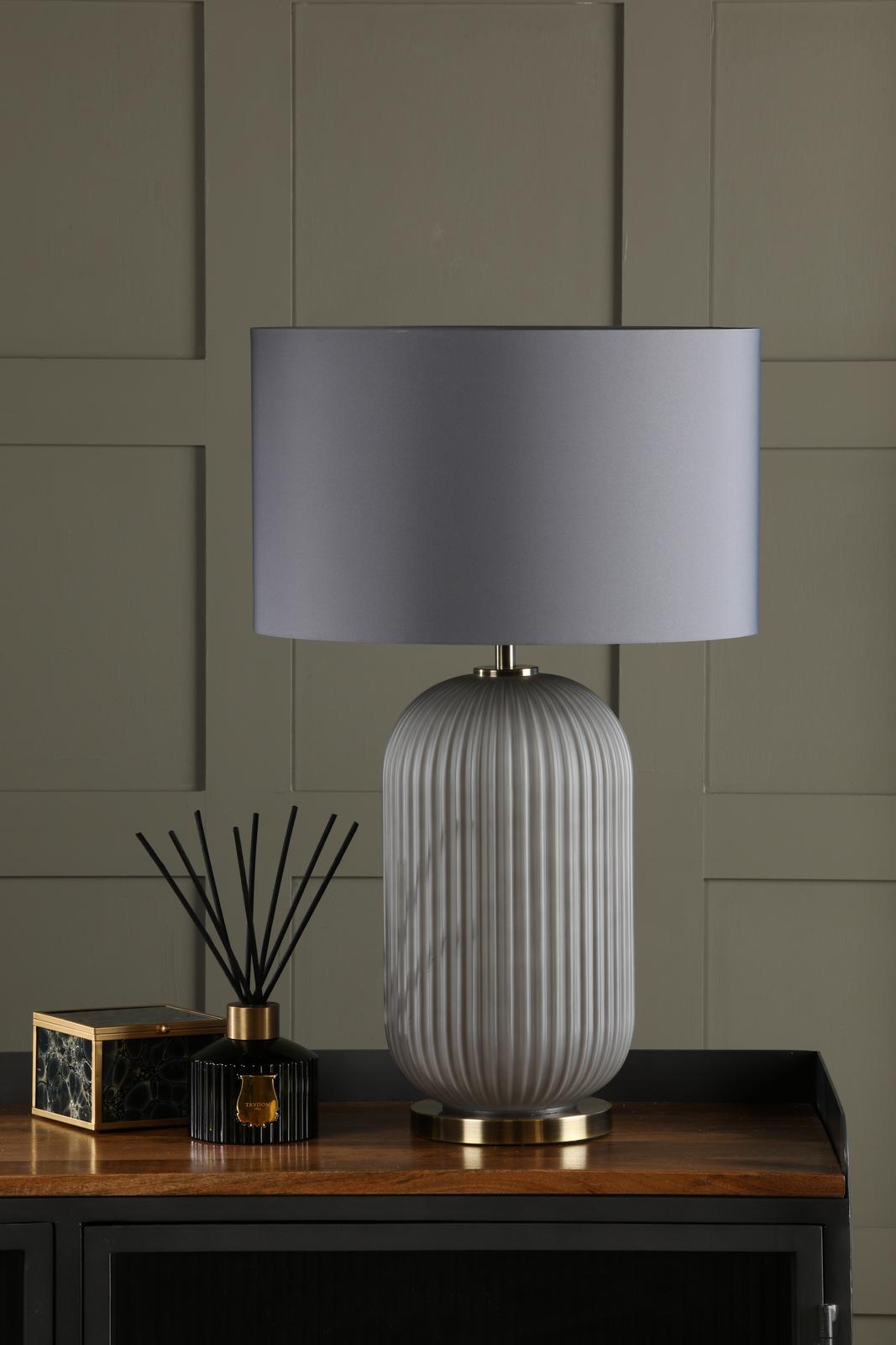 Dar HEL4239 Helicon Table Lamp Grey Ribbed Glass and Antique Brass With Shade