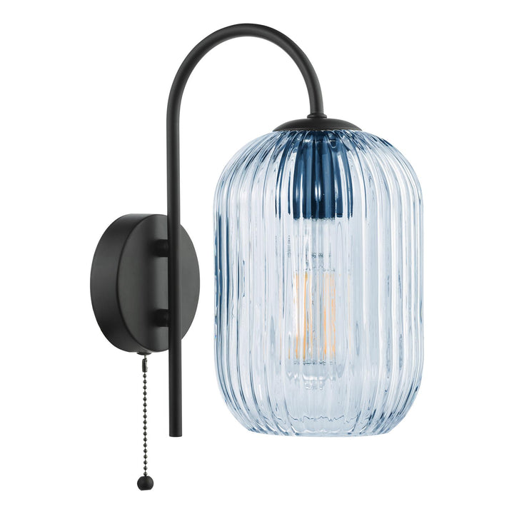 Dar IDR0722-SAW6523 Idra Wall Light Satin Black and Blue Ribbed Glass