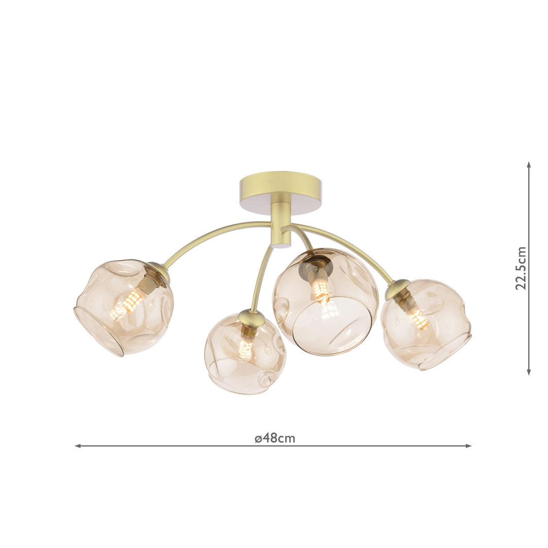 Dar IZZ0435-16 Izzy 4 Light Semi-Flush Matt Gold With Organic Amber Glass
