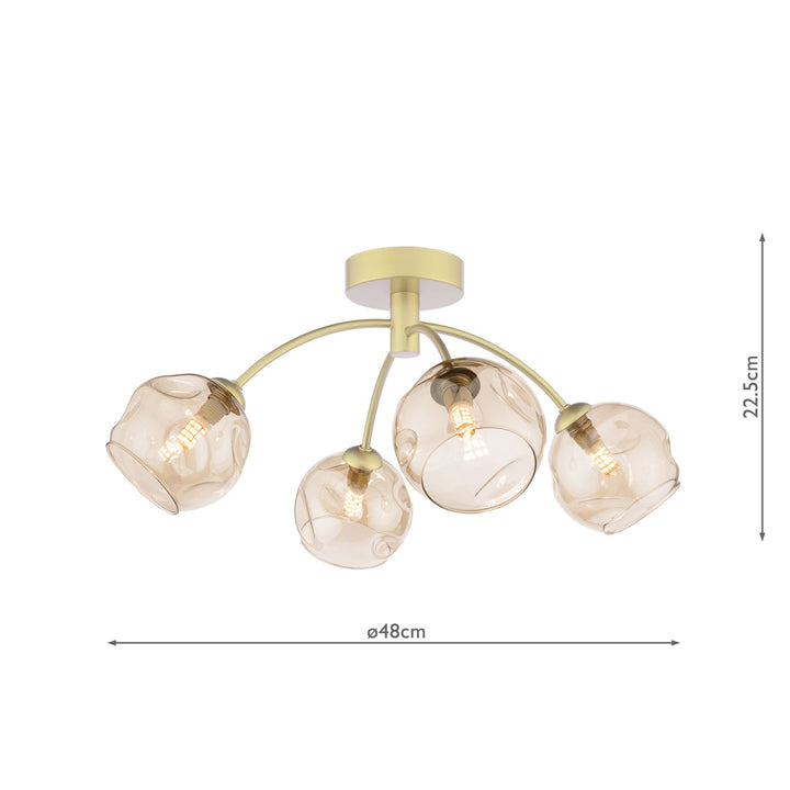Dar IZZ0435-16 Izzy 4 Light Semi-Flush Matt Gold With Organic Amber Glass