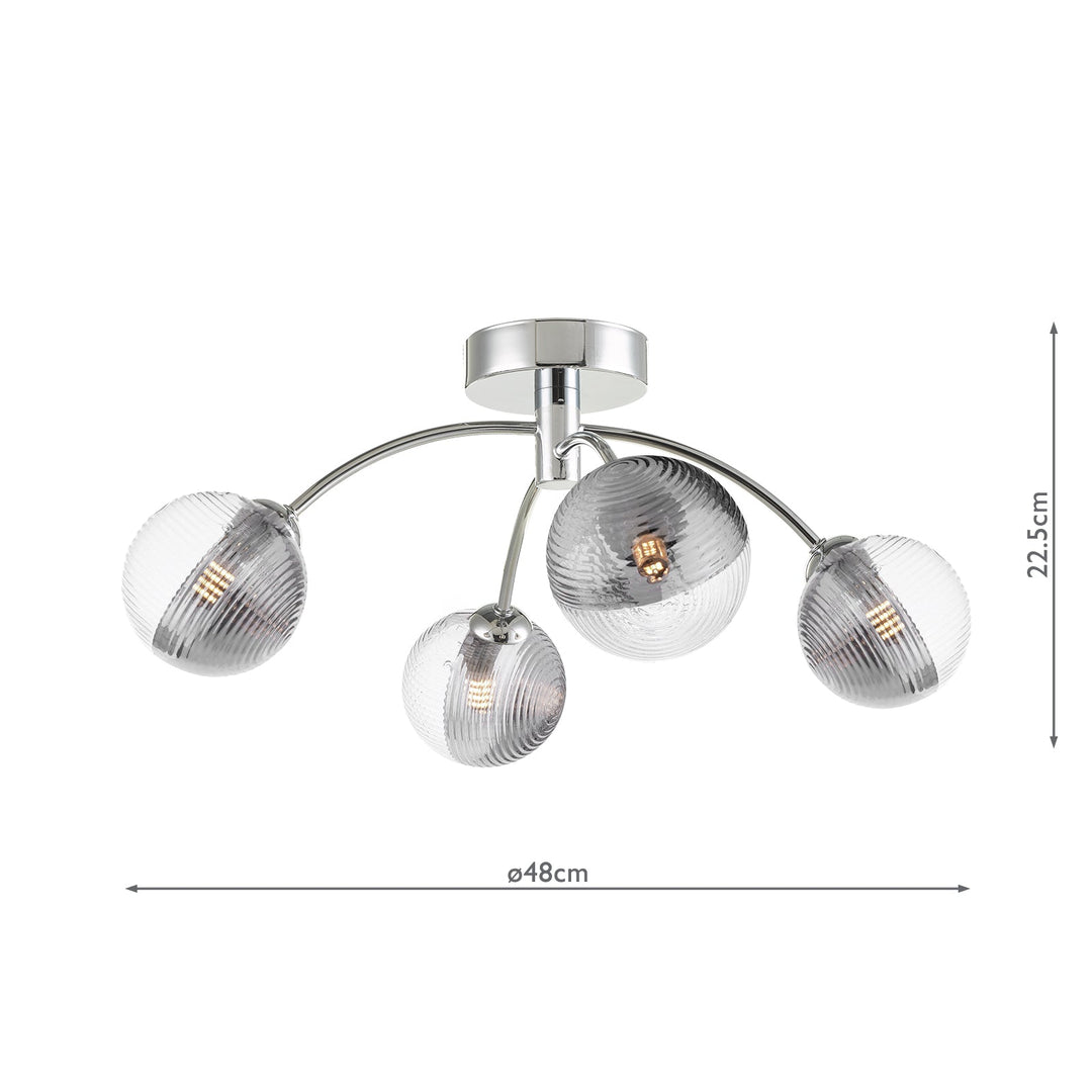 Dar IZZ0450-18 Izzy 4 Light Semi Flush Polished Chrome With Smoked/Clear Ribbed Glass