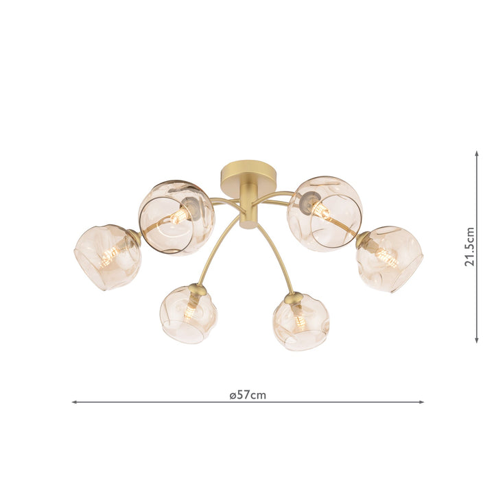 Dar IZZ0635-16 Izzy 6 Light Semi-Flush Matt Gold With Organic Amber Glass