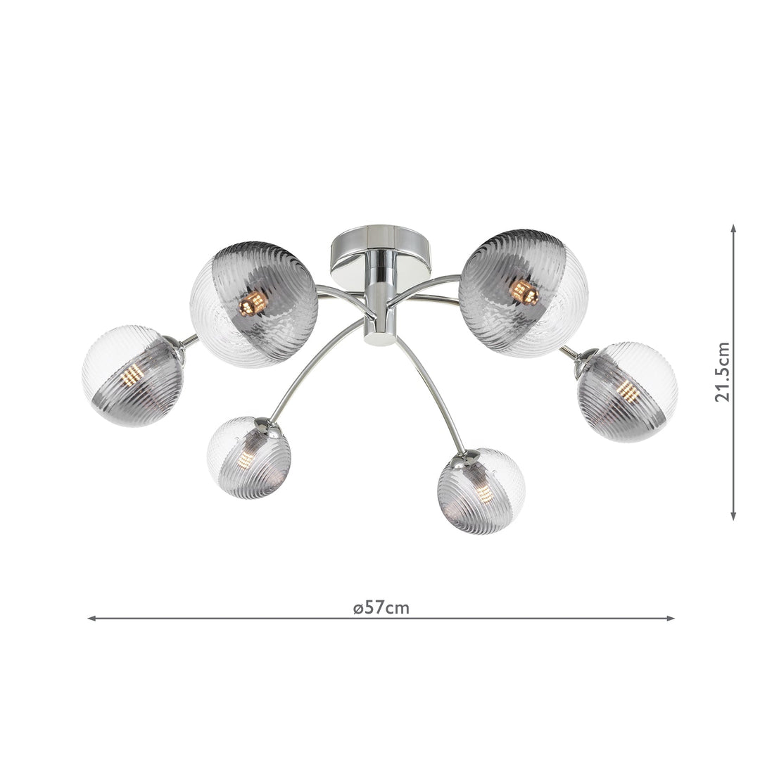 Dar IZZ0650-18 Izzy 6 Light Semi Flush Polished Chrome With Smoked/Clear Ribbed Glass