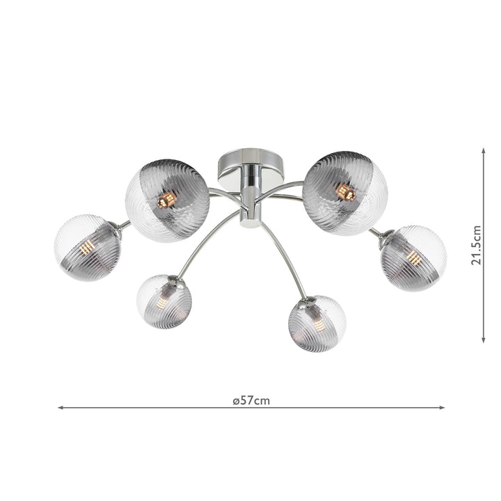 Dar IZZ0650-18 Izzy 6 Light Semi Flush Polished Chrome With Smoked/Clear Ribbed Glass