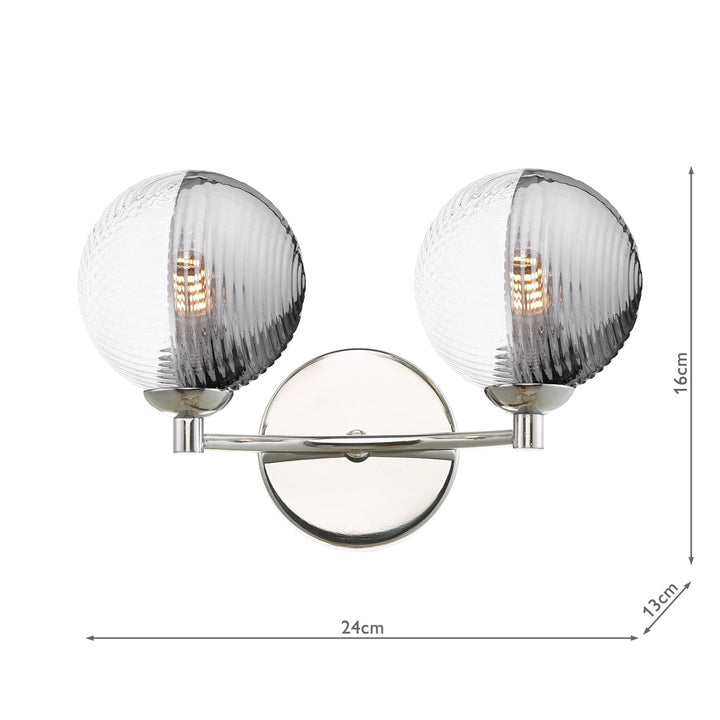 Dar IZZ0950-18 Izzy 2 Light Wall Light Polished Chrome With Smoked/Clear Ribbed Glass