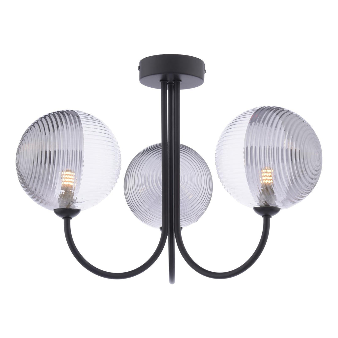 Dar JAR0322-19 Jared 3 Light Semi Flush Matt Black With Smoked/Clear Ribbed Glass
