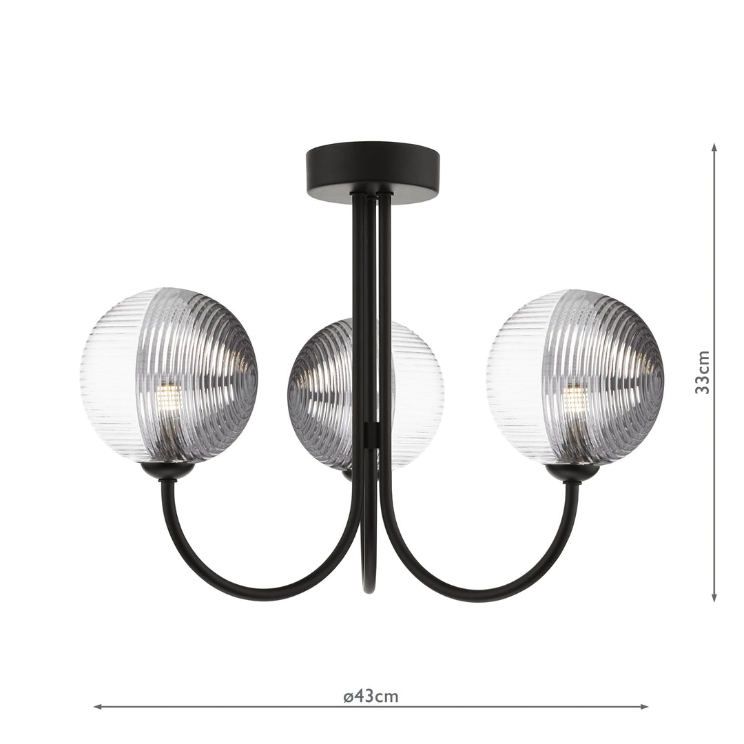 Dar JAR0322-19 Jared 3 Light Semi Flush Matt Black With Smoked/Clear Ribbed Glass