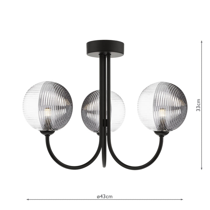 Dar JAR0322-19 Jared 3 Light Semi Flush Matt Black With Smoked/Clear Ribbed Glass