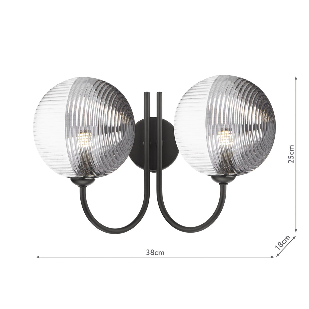 Dar JAR0922-19 Jared 2 Light Wall Light Matt Black With Smoked/Clear Ribbed Glass