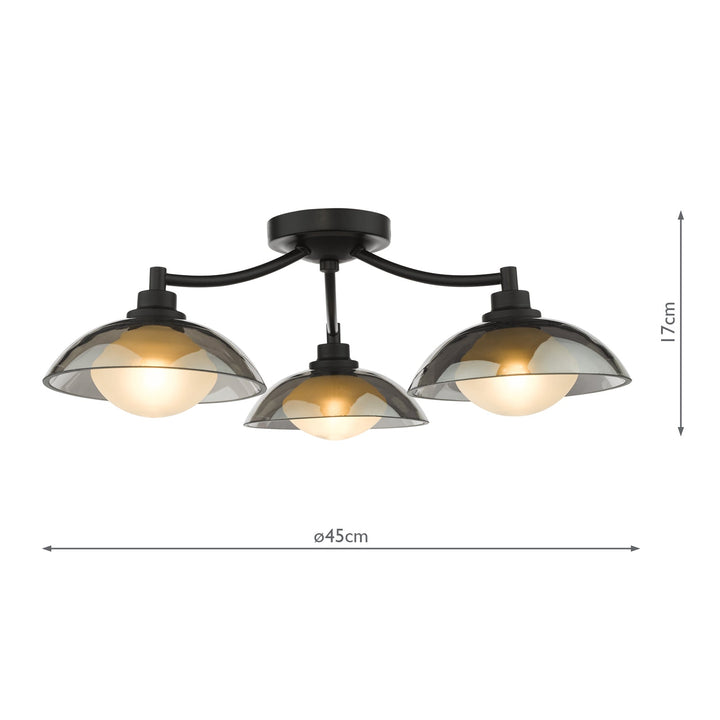 Dar KAD5322 Kadience 3 Light Semi-Flush Satin Black and Smoked Glass