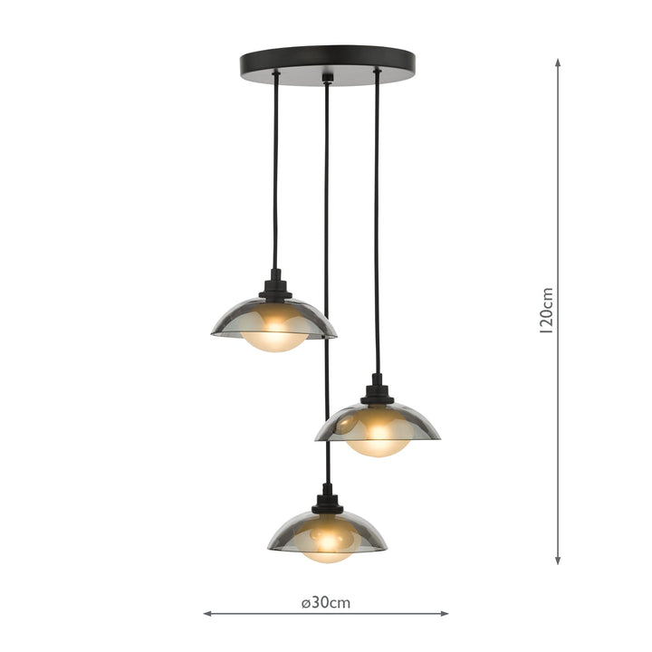 Dar KAD8822 Kadience 3 Light Cluster Pendant Satin Black and Smoked Glass