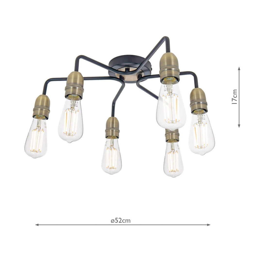 Dar KIE0622 Kiefer 6 Light Flush Matt Black and Antique Brass