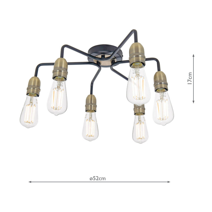 Dar KIE0622 Kiefer 6 Light Flush Matt Black and Antique Brass