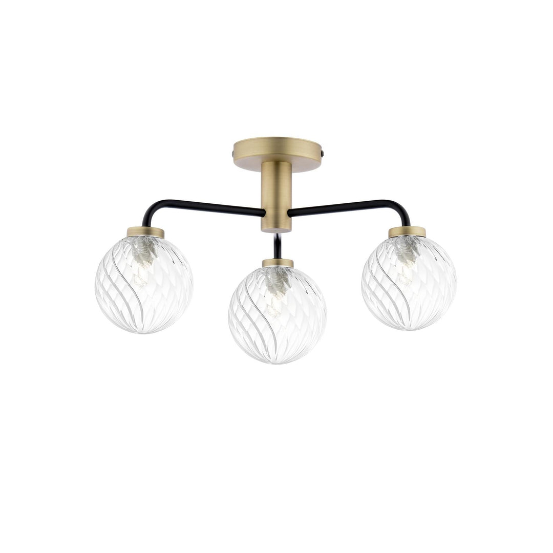Dar LAI5354-03 Lainey 3 Light Semi-Flush Matt Black and Antique Brass With Twisted Glass