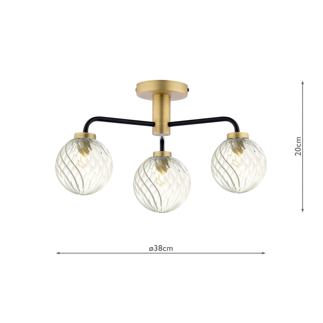 Dar LAI5354-03 Lainey 3 Light Semi-Flush Matt Black and Antique Brass With Twisted Glass