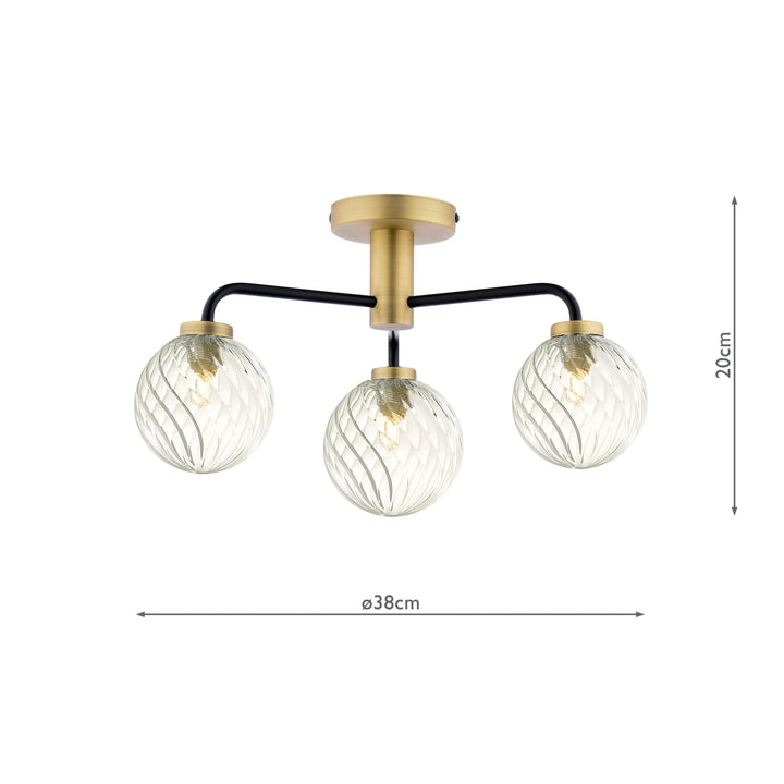 Dar LAI5354-03 Lainey 3 Light Semi-Flush Matt Black and Antique Brass With Twisted Glass