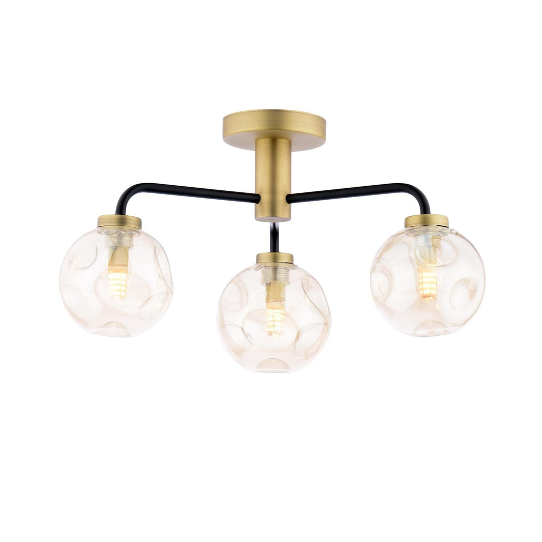 Dar LAI5354-27 Lainey 3 Light Semi-Flush Matt Black and Antique Brass With Closed Organic Amber  Glass