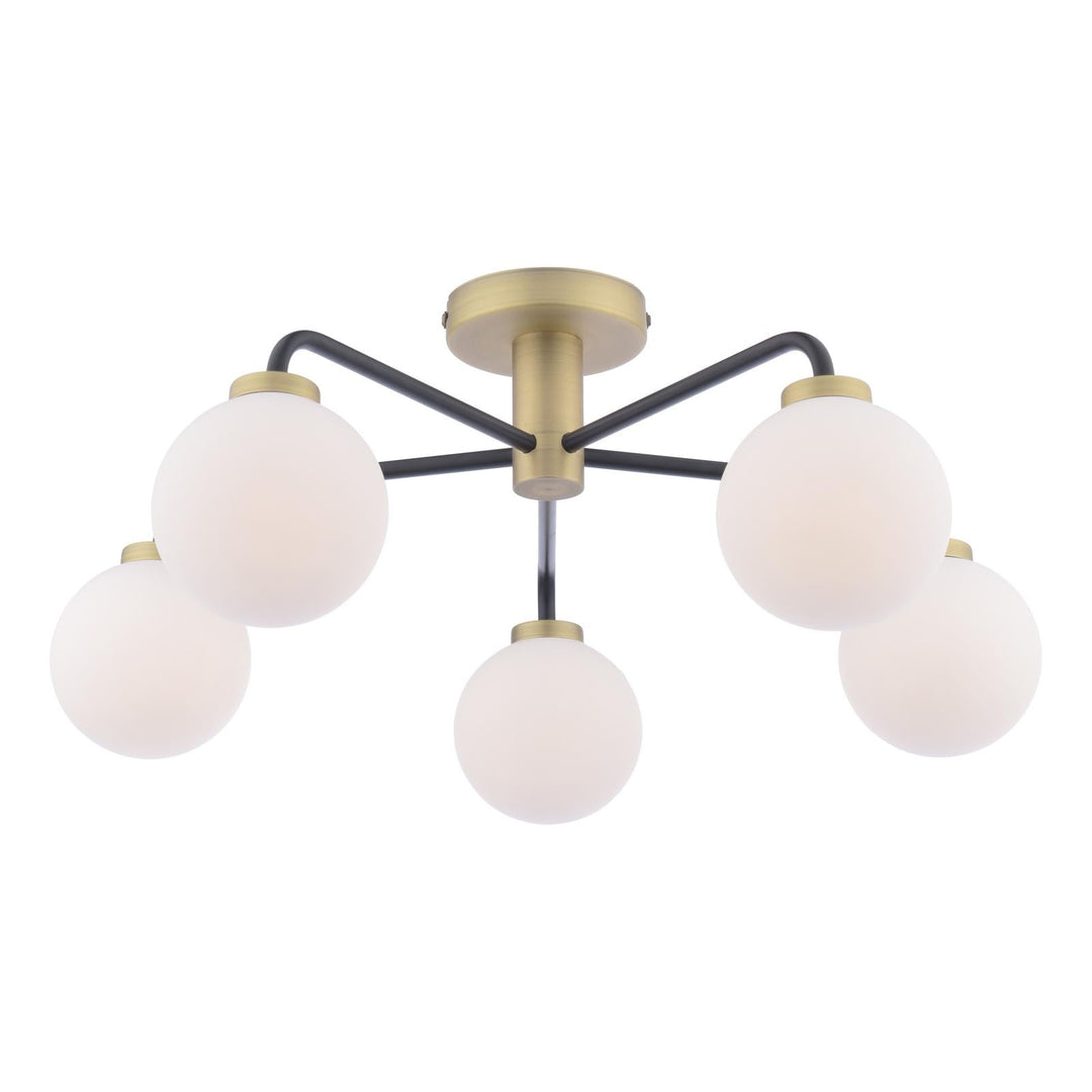 Dar LAI5454-02 Lainey 5 Light Semi-Flush Matt Black and Antique Brass With Opal Glass