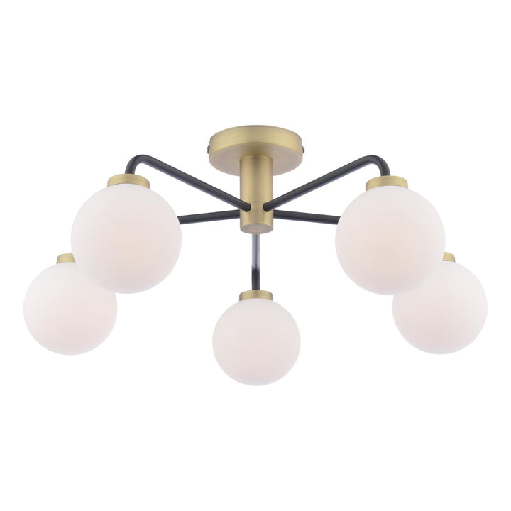 Dar LAI5454-02 Lainey 5 Light Semi-Flush Matt Black and Antique Brass With Opal Glass