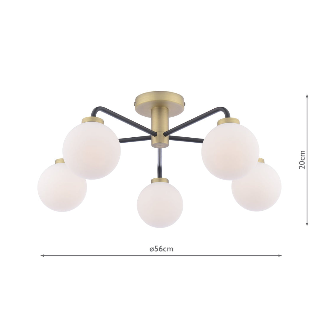 Dar LAI5454-02 Lainey 5 Light Semi-Flush Matt Black and Antique Brass With Opal Glass