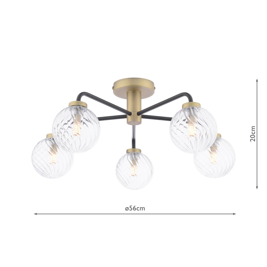 Dar LAI5454-03 Lainey 5 Light Semi-Flush Matt Black and Antique Brass With Twisted Glass