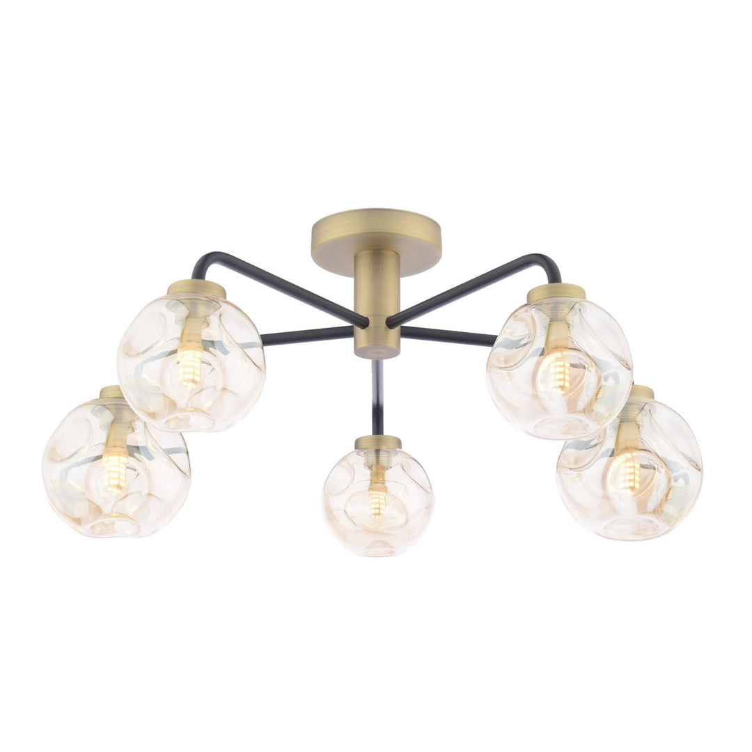 Dar LAI5454-27 Lainey 5 Light Semi-Flush Matt Black and Antique Brass With Closed Organic Amber  Glass