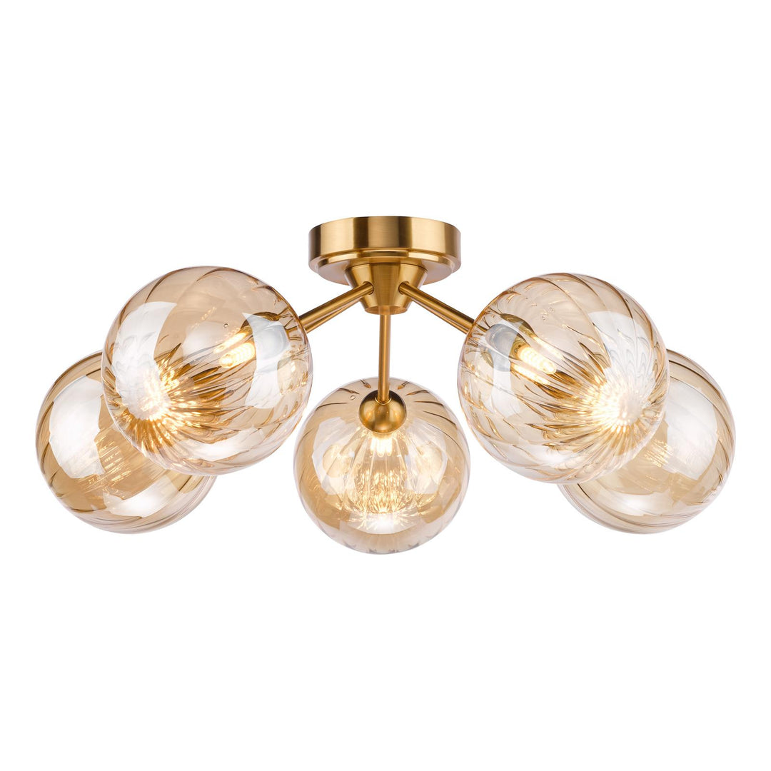 Dar LIO5435 Liora 5 Light Semi-Flush Antique Gold and Amber Ribbed Glass