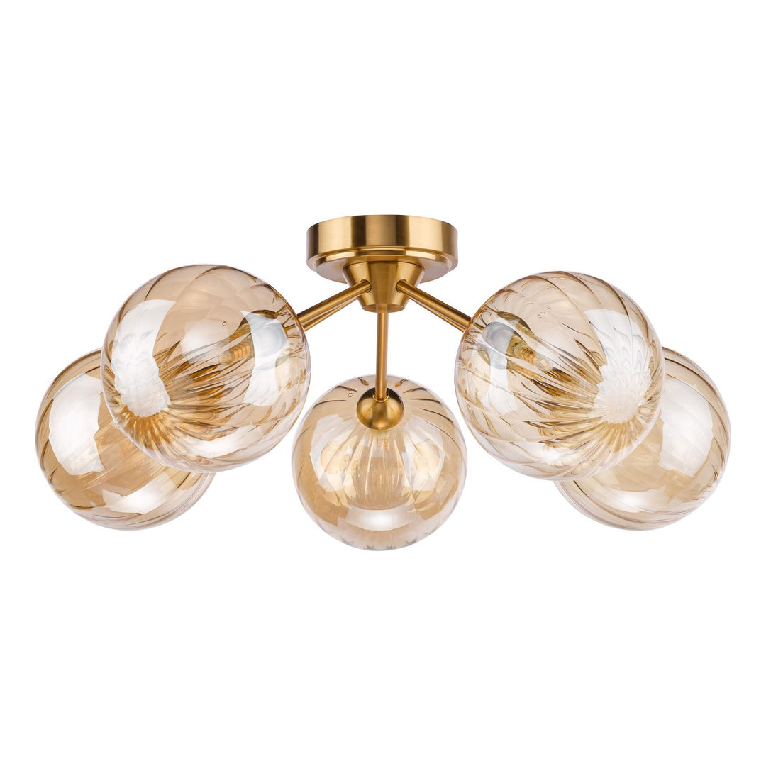 Dar LIO5435 Liora 5 Light Semi-Flush Antique Gold and Amber Ribbed Glass
