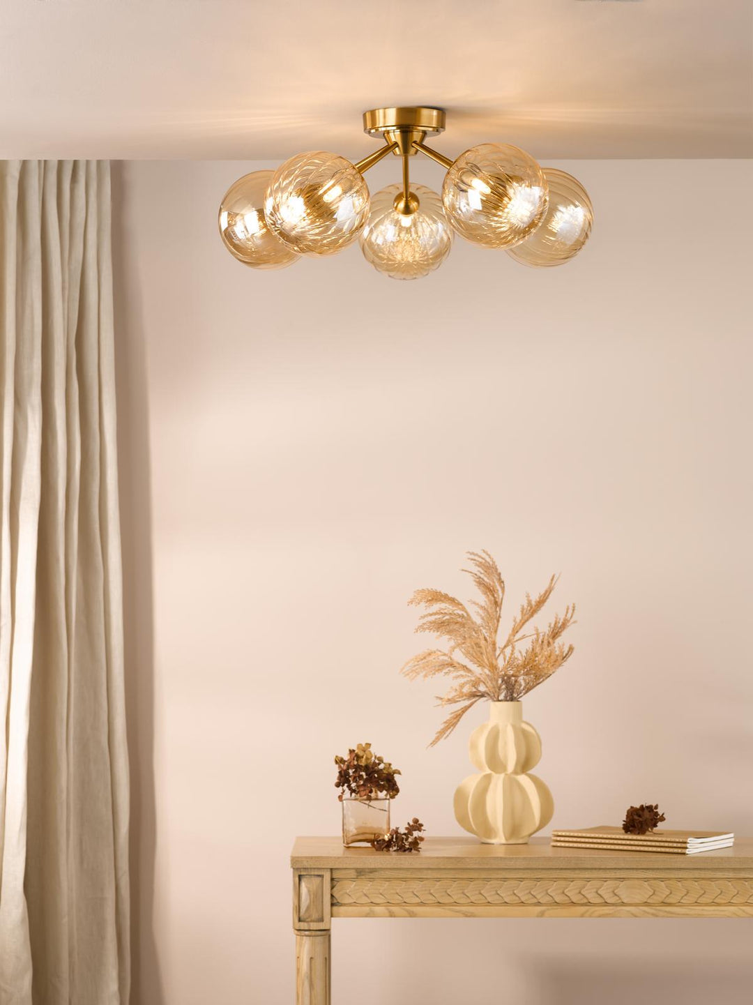 Dar LIO5435 Liora 5 Light Semi-Flush Antique Gold and Amber Ribbed Glass