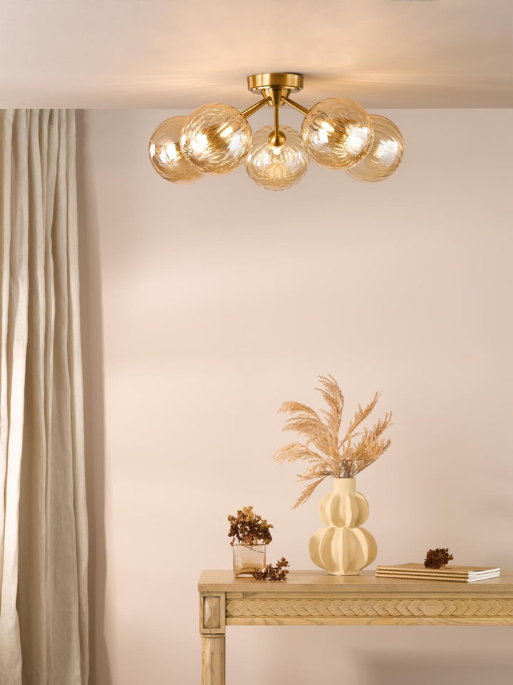 Dar LIO5435 Liora 5 Light Semi-Flush Antique Gold and Amber Ribbed Glass