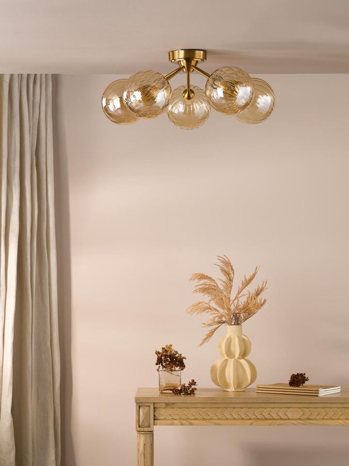 Dar LIO5435 Liora 5 Light Semi-Flush Antique Gold and Amber Ribbed Glass