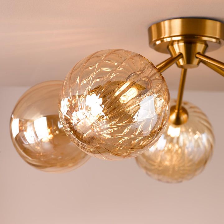 Dar LIO5435 Liora 5 Light Semi-Flush Antique Gold and Amber Ribbed Glass