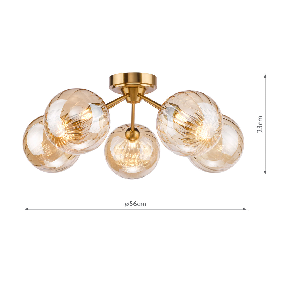 Dar LIO5435 Liora 5 Light Semi-Flush Antique Gold and Amber Ribbed Glass