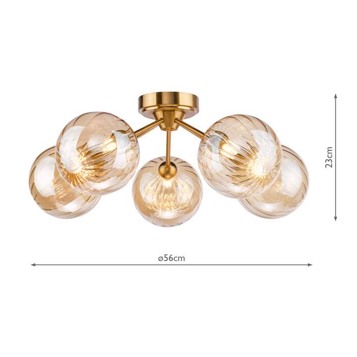 Dar LIO5435 Liora 5 Light Semi-Flush Antique Gold and Amber Ribbed Glass